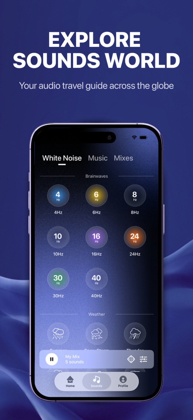 Sound library with brainwave frequencies and weather sounds